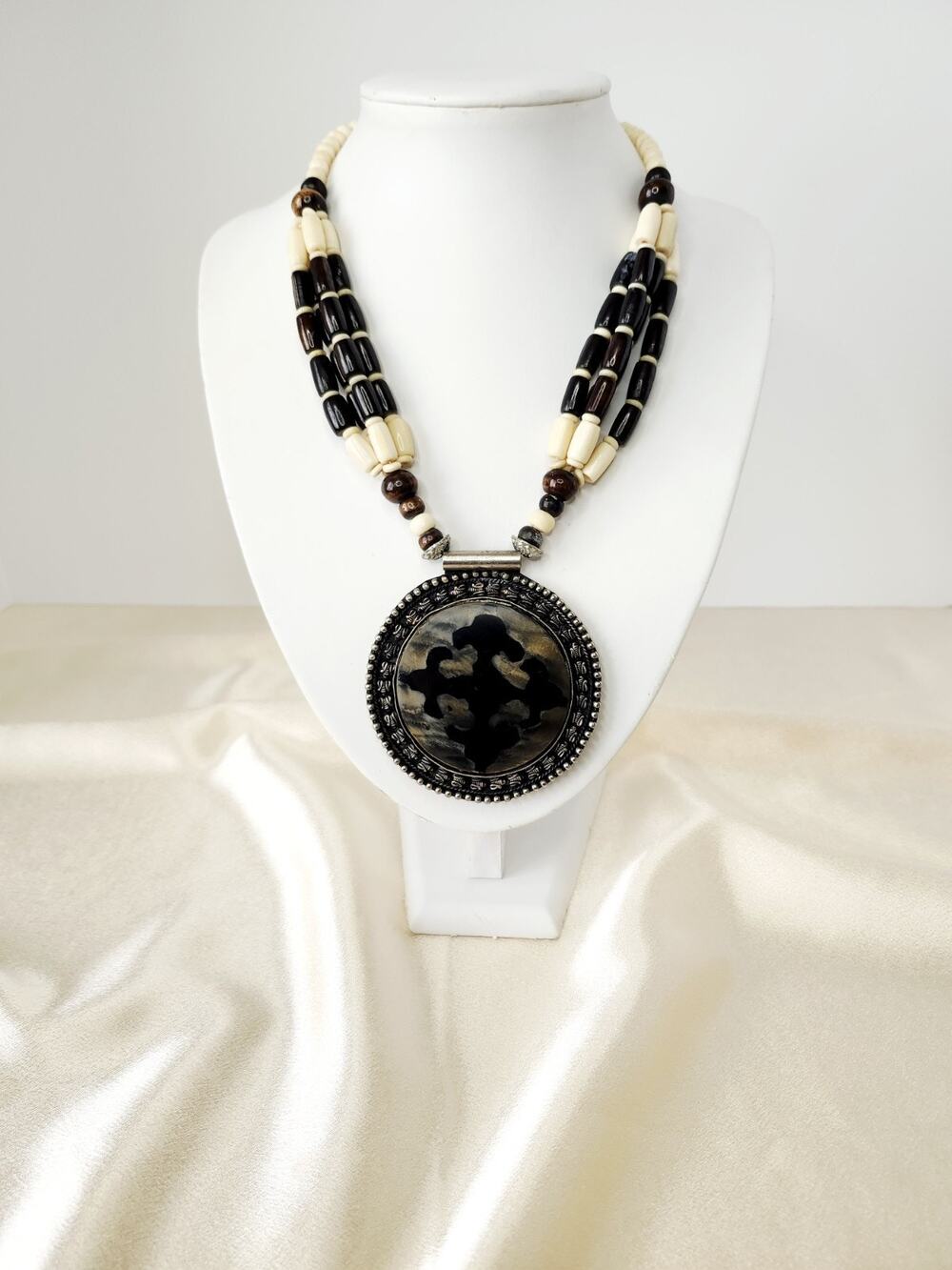 Ethnic Tribal Beaded Bone Necklace With Colored Stone Inlay Silver Tone Pendant